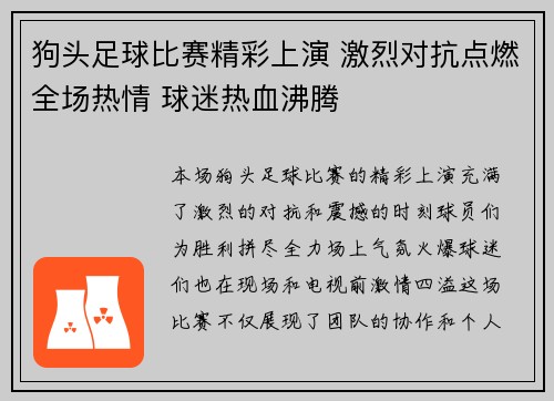 狗头足球比赛精彩上演 激烈对抗点燃全场热情 球迷热血沸腾